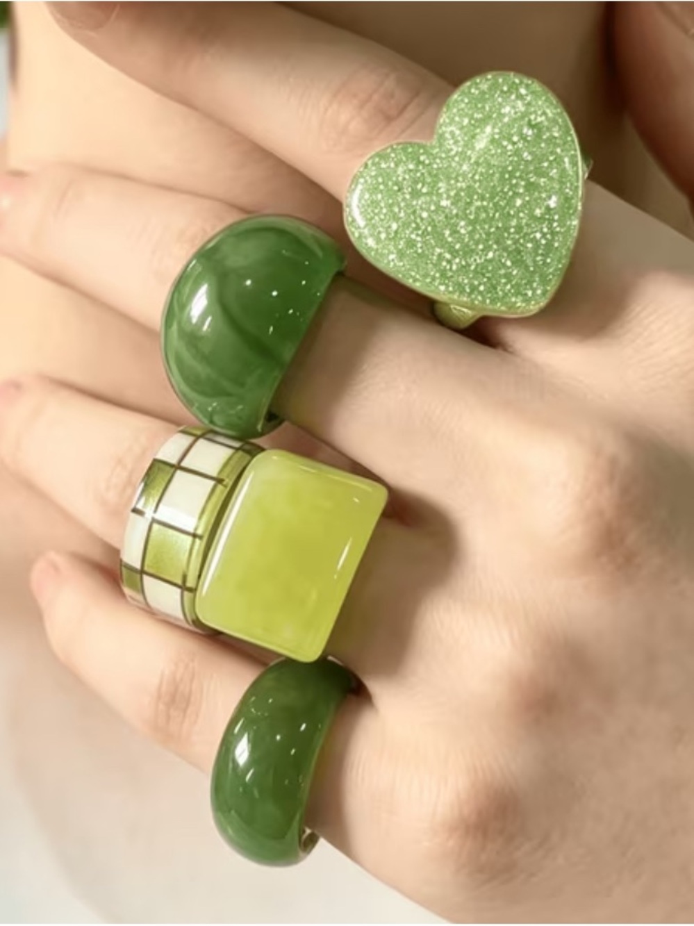 Y2K Matcha Mixed Texture Glitter Heart Checkered Green Resin Ring Set 5-Piece